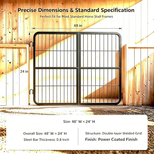 1 Inch Thick Steel Horse Stall Gate, Two-Way Opening Ventilated Horse Stall Guard, Heavy Duty Height Adjustable Grid Metal Stall Front Gate for Daily Home Barn Show Stable Use - size: 48"Wx24"H