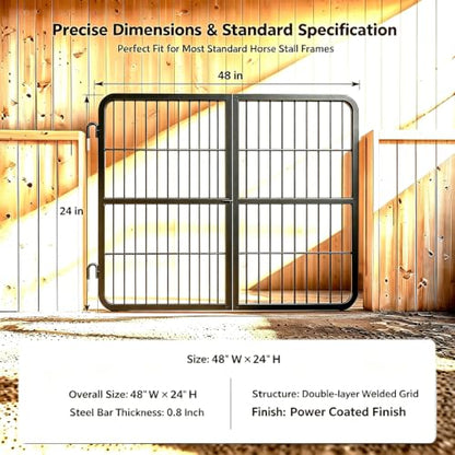 1 Inch Thick Steel Horse Stall Gate, Two-Way Opening Ventilated Horse Stall Guard, Heavy Duty Height Adjustable Grid Metal Stall Front Gate for Daily Home Barn Show Stable Use - size: 48"Wx24"H
