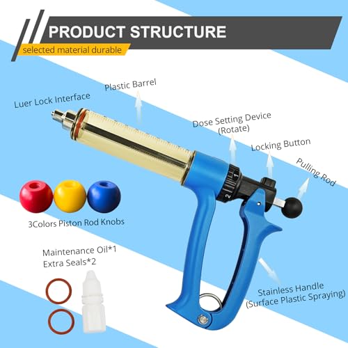 2-Piece Set, 50cc Semi Automatic Livestock Syringe, 5 Gears Adjustable Continuous Repeating Injection, Veterinary Cattle Vaccine Luer Lock Syringe, for Cow Goat Cattle Horse Sheep Pig Poultry - size: 1-Tube 2Pcs 50ml