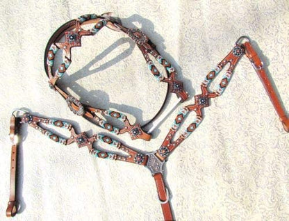 Showman Turquoise & Orange Beaded Leather Headstall & Breast Collar Set