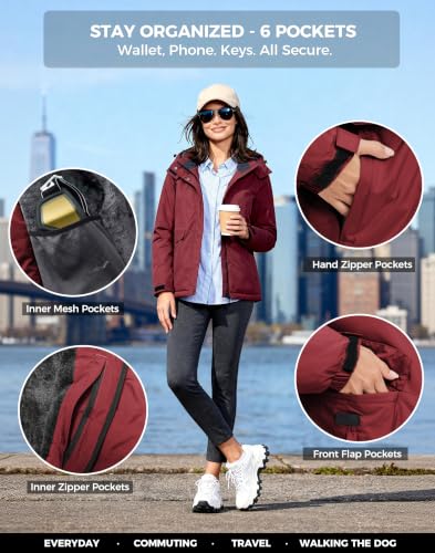 wantdo Women's Waterproof Ski Jacket Warm Fleece Lined Snow Winter Coat | 10000mm Waterproof Snowboard Jacket for Skiing, Hiking, Commute, Removable Hood, 6 Pocket, Windproof Warm -10°F to 50°F - color: Red, size: Medium