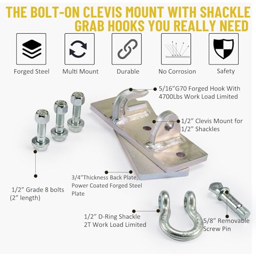 Tractor Bucket Hooks, Bolt On Clevis Mount with 1/2” Shackle, 5/16”Grab Hooks G70 Steel, Shackles Mount with Backer Plate, Heavy Duty Tow Hook for Car Truck SUV RV UTV Tractors Bucket (Gold) - color: Gold