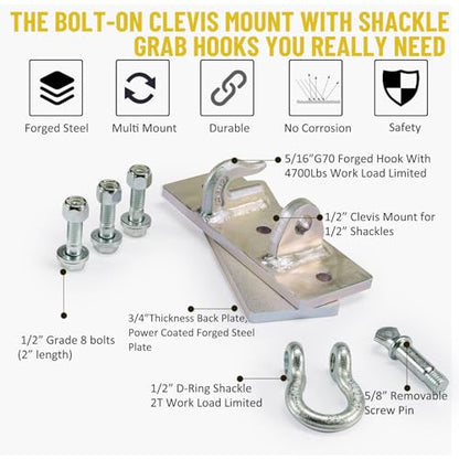 Tractor Bucket Hooks, Bolt On Clevis Mount with 1/2” Shackle, 5/16”Grab Hooks G70 Steel, Shackles Mount with Backer Plate, Heavy Duty Tow Hook for Car Truck SUV RV UTV Tractors Bucket (Gold) - color: Gold