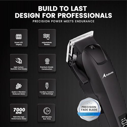 Professional Hair Clippers for Men – Zero-Gap Adjustable Blade, Long-Lasting 300-Min Battery, Quiet + Powerful Motor, LED Display – Cordless Barber Clipper for Fades & Lineups