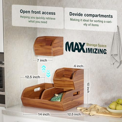 Acacia Pantry Storage Bins, Stackable Potato and Onion Organizer | Easy Assembly With Included Hardware – Stack 3 Modular Bins Or Use Separately For Flexible Storage And Open-Front Access