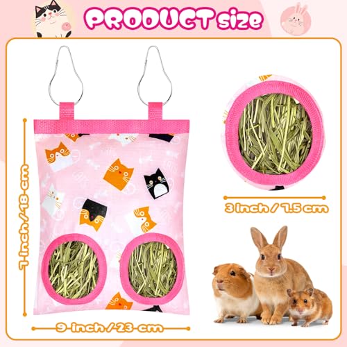 2 Pack Rabbits Hay Feeder Bag, 2 Holes Hanging Bunny Hay Feeder Guinea Pig Feeding Bag Storage Dispenser for Bunny Rabbits Chinchillas Hamsters Small Pets and Animals - color: Pink Yellow