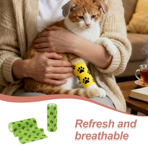 Pet Wrap Bandages, 6 Inch 5 Yard Self Adhesive Bandage Wrap, Pet Non-Woven Tape First Aid Cohesive Gauze, (Grass Green/Paw, 2 Pcs), Intended for Dog/Cat/Bird/Legs/Paws/Wound - color: Grass Green, size: 6 inch