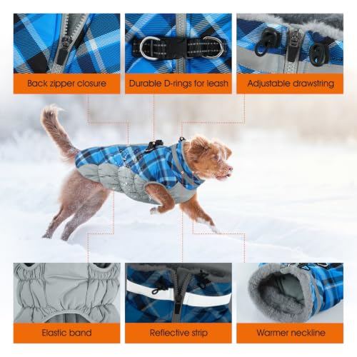 Lelepet Dog Winter Coat Waterproof Small Dog Coat with Harness Built in - color: Blue Plaid, size: X-Small
