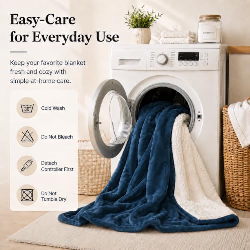 Electric Heated Blanket 62"x84" Twin Size, Dark Blue&White | Safe All Night, Dual-Sided Microplush Sherpa for Bedroom Use, 4 Heat Settings & 10 Hours Auto Off, Machine Washable - color: 09-darkbule, size: Twin(62"x84")