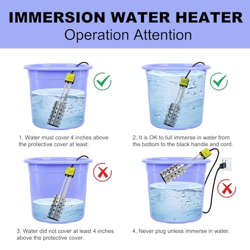 1500W Bucket Heater, Rust Proof Built in Temperature Controller Immersion Water Heater, Heats 5 Gallons of Water in Minutes with Auto Shutoff, for Home Outdoor Camping and Winter Job