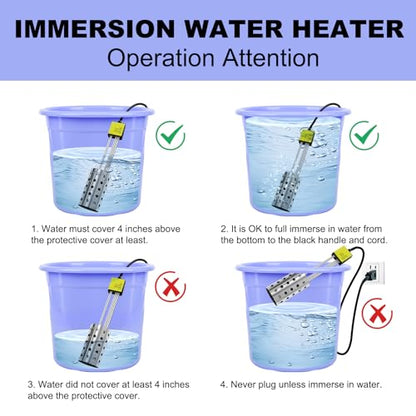 1500W Bucket Heater, Rust Proof Built in Temperature Controller Immersion Water Heater, Heats 5 Gallons of Water in Minutes with Auto Shutoff, for Home Outdoor Camping and Winter Job