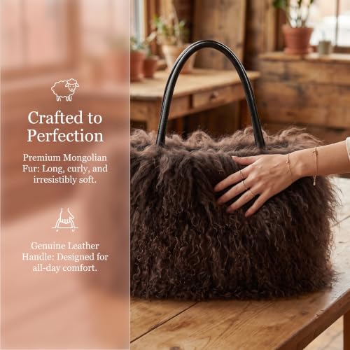 Women Luxury Real Curly Mongolian Lamb Fur Purse - color: Brown