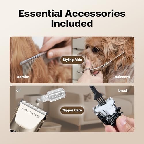 HEAPETS Dog Hair Clippers for Grooming Kit and Dog Paw Trimmer Nail Grinder for Grooming, Low Noise Rechargeable Cordless, Shaver Grooming Supplies for Pet Cats Dogs (Gold, White)