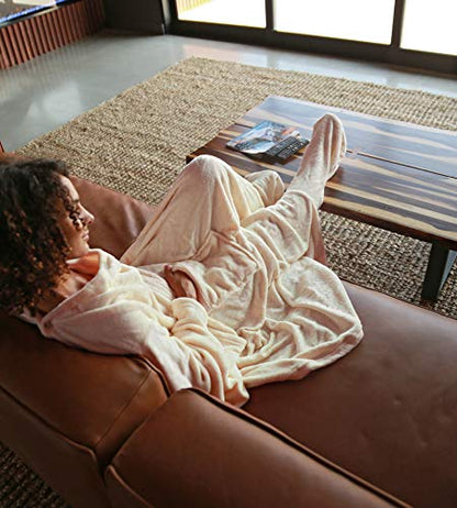Catalonia Wearable Blanket with Sleeves & Foot Pocket for Adults - color: Latte, size: Fleece