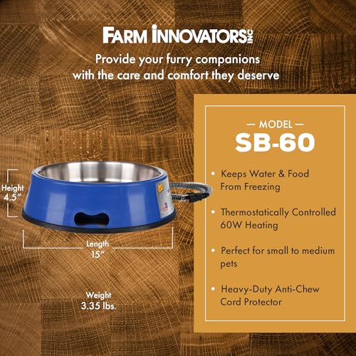 Farm Innovators SB-60 Signature Series 5.5 Quart Electric Heated Pet Water Bowl with Stainless Steel Insert, Thermostatic Control, 60 Watt | Durable Watering Station with Anti-Chew Cord Protector for Dogs and Cats, Supporting Reliable Winter Hydration