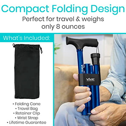 Vive Folding Cane - Foldable Walking Cane for Men, Women - Fold-up - color: Blue