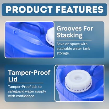 5-Gallon Stackable Water Storage Containers, 3 Lids + 1 Spigot, Easy Fill, Survial Supply Emergency Water Storage for Camping and Disaster Preparedness, RV, 10 Gallon (2 Tanks)