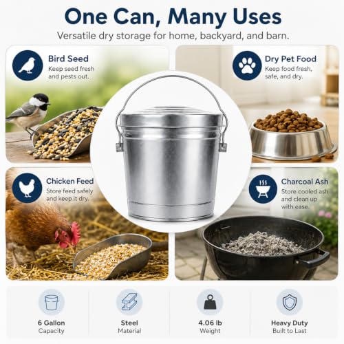 6 Gallon Galvanized Steel Storage Can with Locking Lid, Heavy Duty Rodent-Proof Metal Pail with Wire Bail Handle for Bird Seed, Chicken Feed, Dry Pet Food, Charcoal Ash and Outdoor Storage