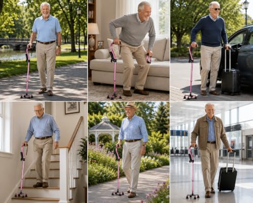 Walking Cane with 4 Prongs and Extra Side Handle – Adjustable, for Balance & Stability for Adults, Seniors, and Injured. - color: Pink