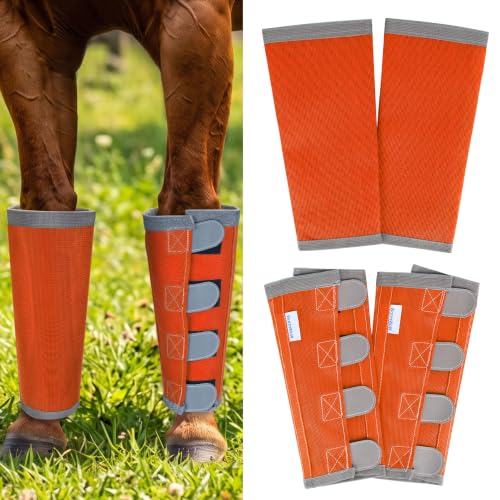 Fly Boots for Horses Set of 4 with Reflective Vercros, Loose Fitting Mesh Horse Fly Boots Leggings, Adjustable Equine Leg Wraps & Socks, Stay Up Not Sag, No Rub - color: Orange