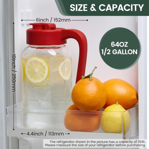 Mason Jar Pitcher, 64 oz (2 quart), Glass Pitcher with Lid | Airtight, Leak proof, Ergonomic Handle, Pour Spout Lid, Fridge Safe, for Sun Tea, Iced Tea, Cold Brew, Lemonade, Outside - color: Red