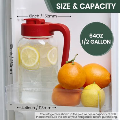 Mason Jar Pitcher, 64 oz (2 quart), Glass Pitcher with Lid | Airtight, Leak proof, Ergonomic Handle, Pour Spout Lid, Fridge Safe, for Sun Tea, Iced Tea, Cold Brew, Lemonade, Outside - color: Red