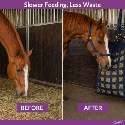 QHP Slow Feeder Hay Bag for Horses | Slow Feed, Horse Hay Feeder, 2.4" Mesh, 600D Polyester, Holds up to 13 lbs - color: Navy