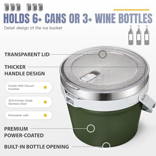 COKTIK 7L Vacuum Insulated Ice Bucket with Lid and Scoop& Tongs，Large capacity Stainless Steel Beverage Bucket for Cocktail, Champagne, Wine, Beer，Large Parties（Army Green Suit） - color: Army Green Suit