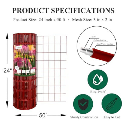 Red PVC Coated Welded Wire Fence 24" x 50' Roll, 2"x3" Mesh, 16 Gauge - color: Red, size: 2''x3'' 16GA 24''x50'
