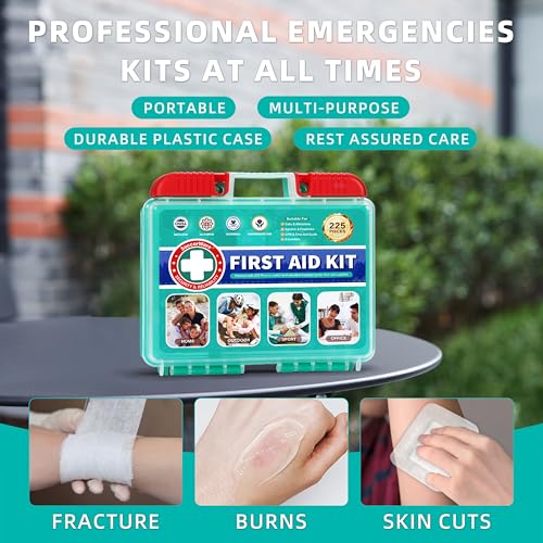 SuccorWare 225 Pieces First Aid Kit, Includes Ice Pack, Adhesive Bandages, Wound Gauze Pads, Portable First Aid Bag for Home, Car, Business, Travel, Outdoor Emergency Medical Kits