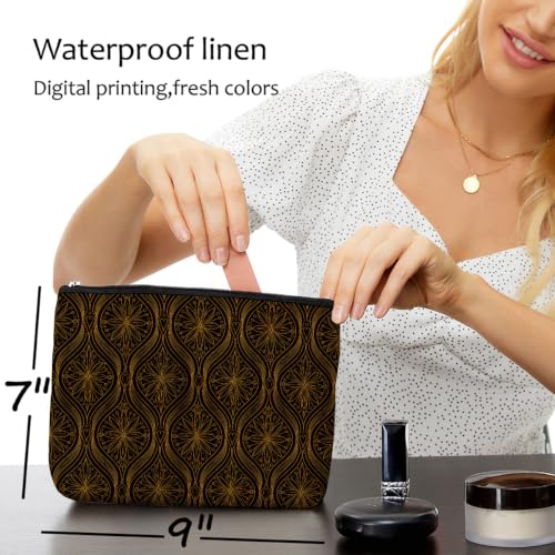 Blue Leaves Dark Brown Gold Print Makeup Bag Cosmetic Bag - color: Multicolor 1609
