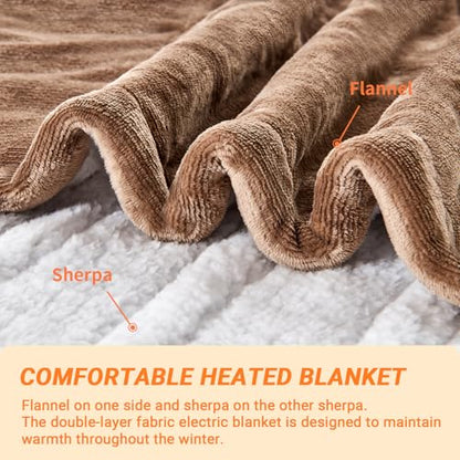 Electric Blanket Heated King, Soft Flannel 100"x90" Heating Blanket with 8 Hours Auto Off 10 Fast Heating Levels Machine Washable Sherpa Heated Blanket with Overheating Protection - color: Tan, size: King(100" x 90")