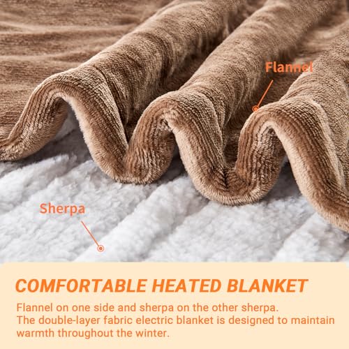 Heated Blanket Electric Throw, 50"x60" Soft Flannel Heating Blanket with 8 Hours Auto Off 10 Fast Heating Levels Machine Washable Sherpa Heated Throw Blanket with Overheating Protection - color: Camel, size: Throw(50" x 60")