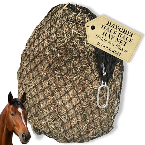 hay chix Half Bale Slow Feed Hay Net for Horses - 1 3/4" Holes - Gold Rope - color: Redemption Gold