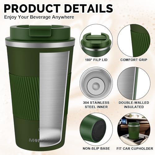 MOMSIV 17oz Travel Coffee Mug, Insulated Coffee Cup with Leakproof Lid - color: B-Dark Green-17oz