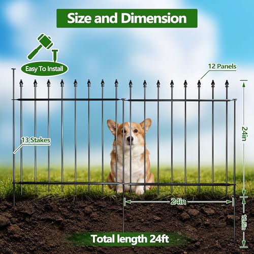 Decorative Metal Garden Fence，(12 Panels+ 13 Posts), Total Iength24 ft(W) x 24 in(H), High Metal Border Fence, Classic Roman Column Decoration, Garden and Lawn Landscape Fence, Black Animal Fence - size: 12 Panels-24 ft(W) x 24 in(H)