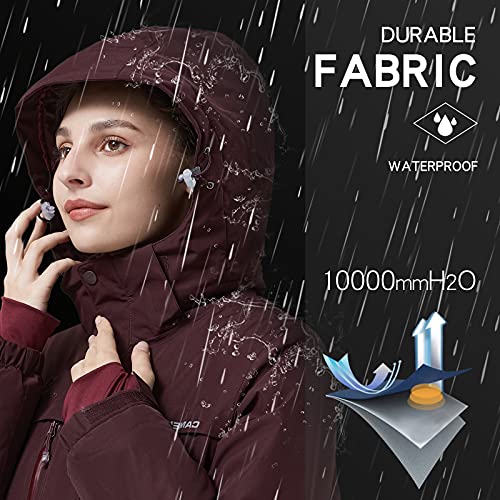 CAMEL CROWN Women’s Mountain Snow Waterproof Ski Jacket Detachable Hood Windproof Fleece Parka Rain Jackt Winter Coat - color: Wine Red, size: 3X-Large