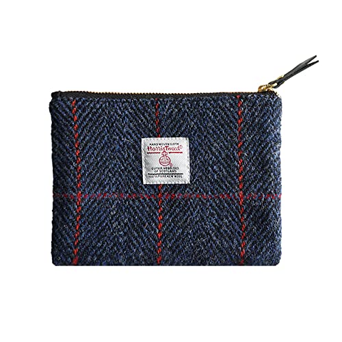 Harris Tweed Handmade Wool Zip Pouch with YKK Zipper Organizer Bag - color: Deep Blue, size: Large