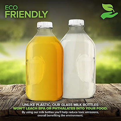 Stock Your Home Half Gallon Glass Milk Bottle with Lid (3 Pack) 64 Oz Jugs and 6 White Caps, Reusable Food Grade Milk Container for Refrigerator, Bottles for Juice, Oat or Plant Milks, Water, Honey - size: 64 oz