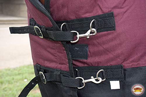 Horse Turnout Blanket Hilason 600D Waterproof Winter Blanket with Belly Wrap 250g Fill Rip-Stop Shell Fleece Wither Lining Wine Black - size: 78 In