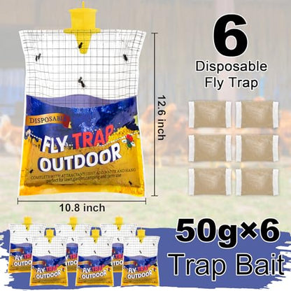 6 Big Fly Bags Outdoor Wasp Traps Hanging for Patio, Pre-Baited, Disposable - size: 6 Pack