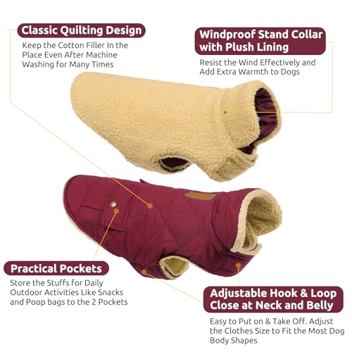 Queenmore Waterproof Small Dog Winter Coat Plush Lining Warm Puffer Jacket - color: Burgundy, size: Small