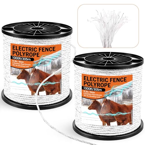 2 Rolls Electric Fence Polywire 1000 Feet(305m) Length, 0.3 Inch Wide(8mm) Electric Fencing Wire with 6 Stainless Steel Strand Portable Fence Rope for Livestock Garden (2000ft in Total,White) - color: White, size: 2000ft in Total