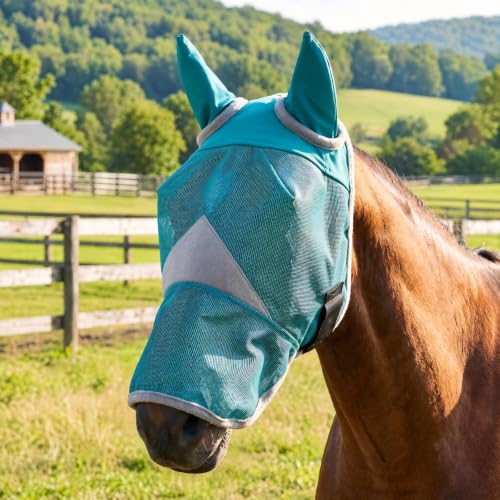 Horse Fly Mask with Ears - UV Protection, Breathable Mesh, Soft Edging for Comfort, Adjustable Fit for Horses & Ponies - Stops Flies, Bugs & Sun Bleaching, Size L - size: L