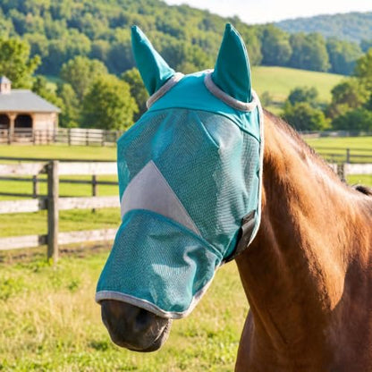 Horse Fly Mask with Ears - UV Protection, Breathable Mesh, Soft Edging for Comfort, Adjustable Fit for Horses & Ponies - Stops Flies, Bugs & Sun Bleaching, Size L - size: L