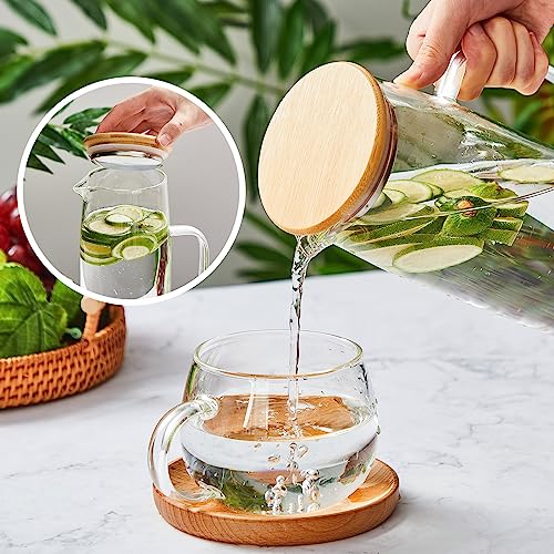 Hsei 2 Sets Glass Pitcher with Lid, 50 oz / 1500 ml Water Carafe with Handles Hot Cold Beverage Water Jar Glass Jug for Tea Juice Milk Coffee Iced Beverage - color: Bamboo Lid, size: 1.5l