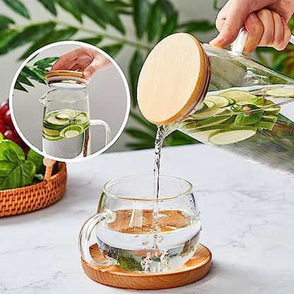 Hsei 2 Sets Glass Pitcher with Lid, 50 oz / 1500 ml Water Carafe with Handles Hot Cold Beverage Water Jar Glass Jug for Tea Juice Milk Coffee Iced Beverage - color: Bamboo Lid, size: 1.5l