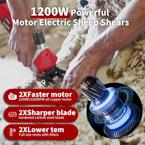 1200W Sheep Shears Clippers, 3200RPM 6-Speed Adjustable Heavy Duty Electric Sheep Shears for Dogs and Farm Livestock Grooming, 13T Blades, Professional Thick Coat Dog Clippers for Alpacas, Goats (RED) - color: Strawberry Red