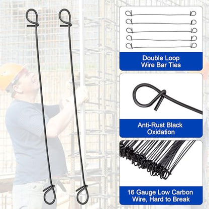 500pcs Rebar Wire Bar Ties, 6" Double Loop, 16 Gauge - Reinforcing Steel Bar Ties with Wooden Grip Handle for Concrete Construction,1 Gloves (500pcs with Wire Tie Twisters) - size: 500pcs with Wire Tie Twisters