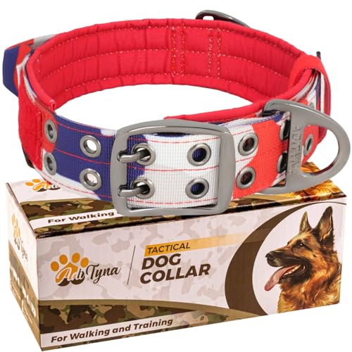 ADITYNA Heavy Duty Dog Collar for Medium Dogs with Traffic Handle - color: Camo Red Blue, size: Medium: Fit 15-19" Neck